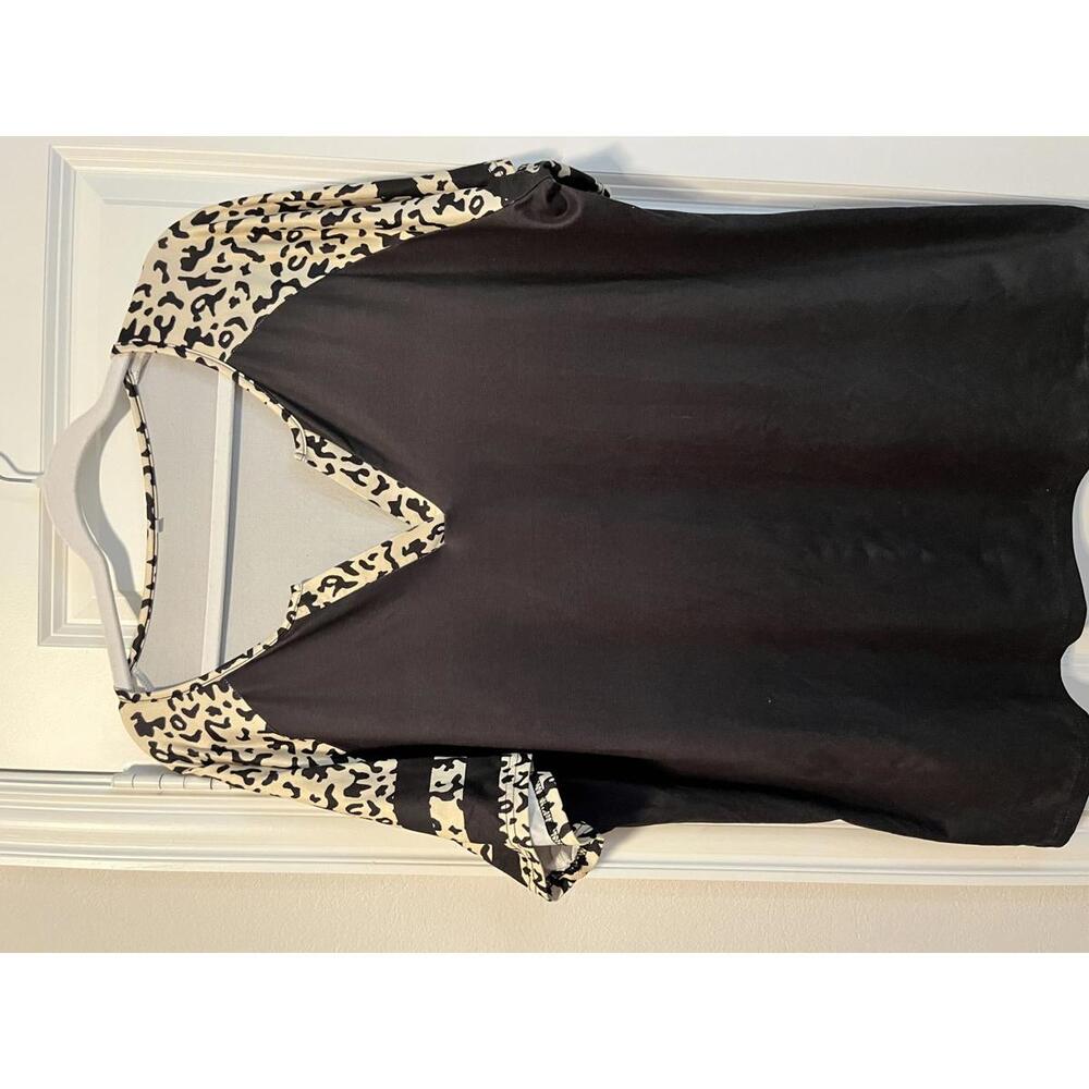 Black V-Neck Top with Leopard & Stripe Sleeve